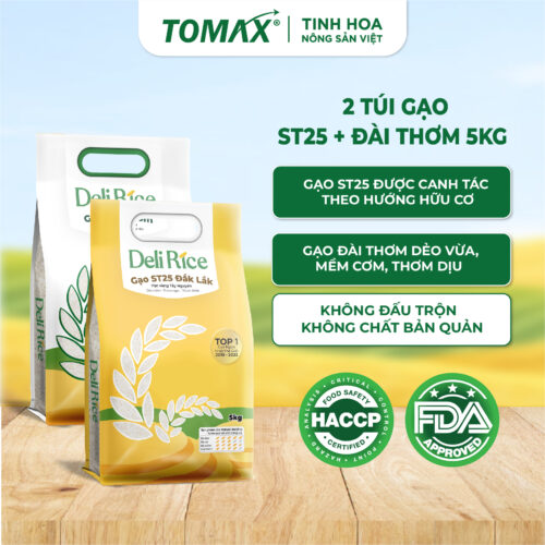 Combo mix 2 túi gạo ST25 và Đài Thơm Deli Rice - túi 5kg tơi xốp, dẻo thơm, thượng hạng 100% Organic - TOMAX